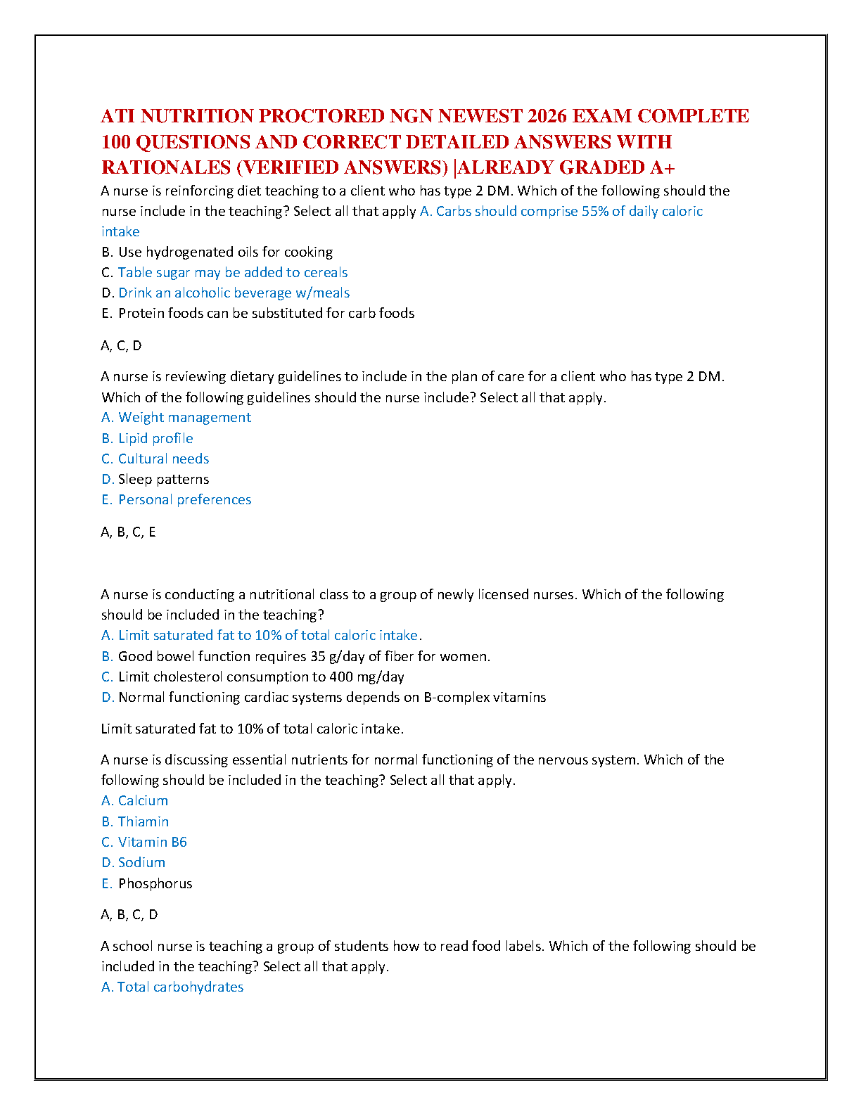 ATI Nutrition 2025-2026 NGN Test Bank Solutions