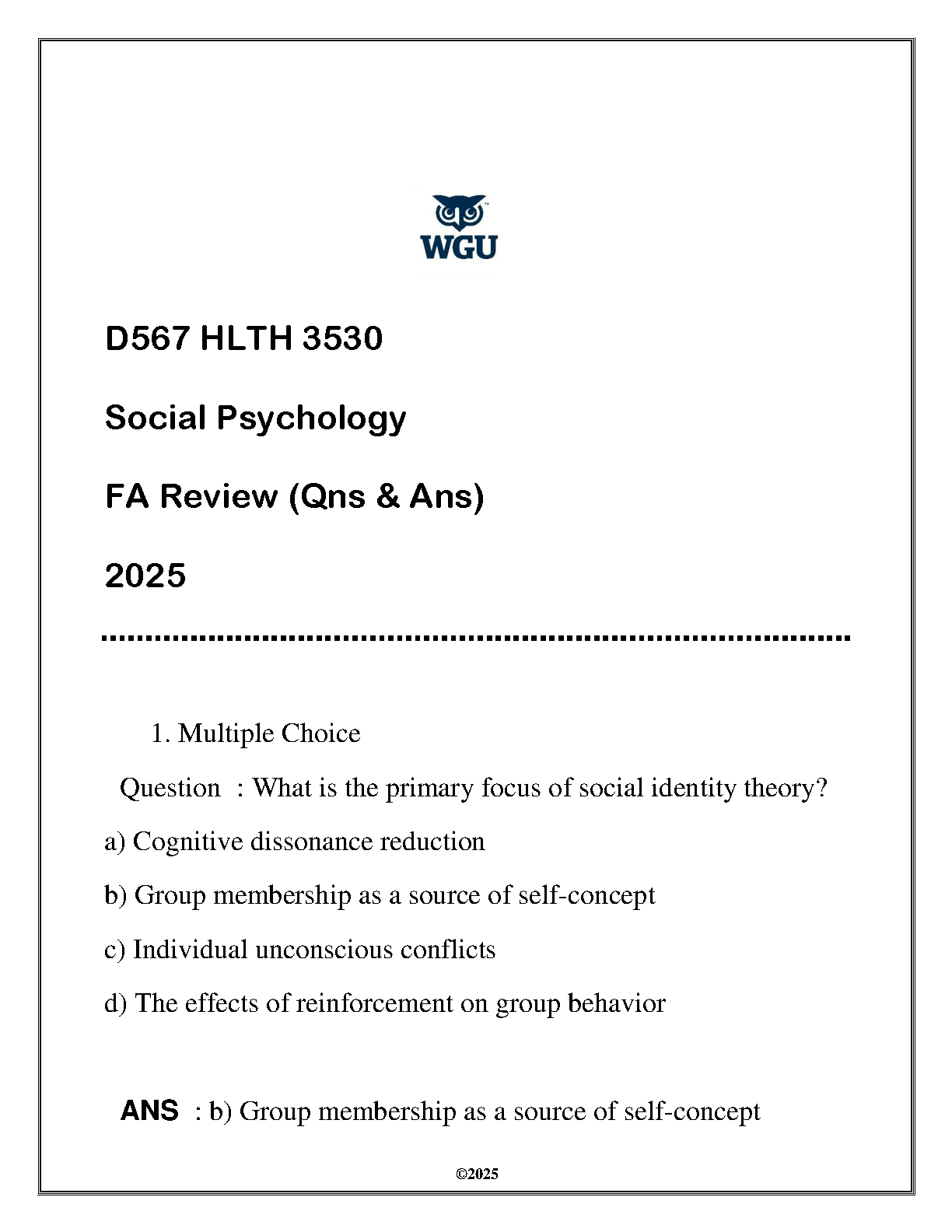 WGU HLTH 3530 Social Psychology Exam Q&A 2025 Study Guide