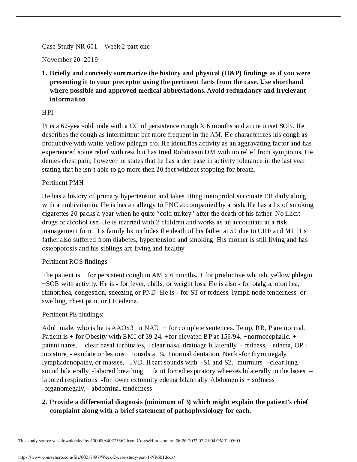 NR 601 Week 2 Case Study Q&A 2023 Nursing