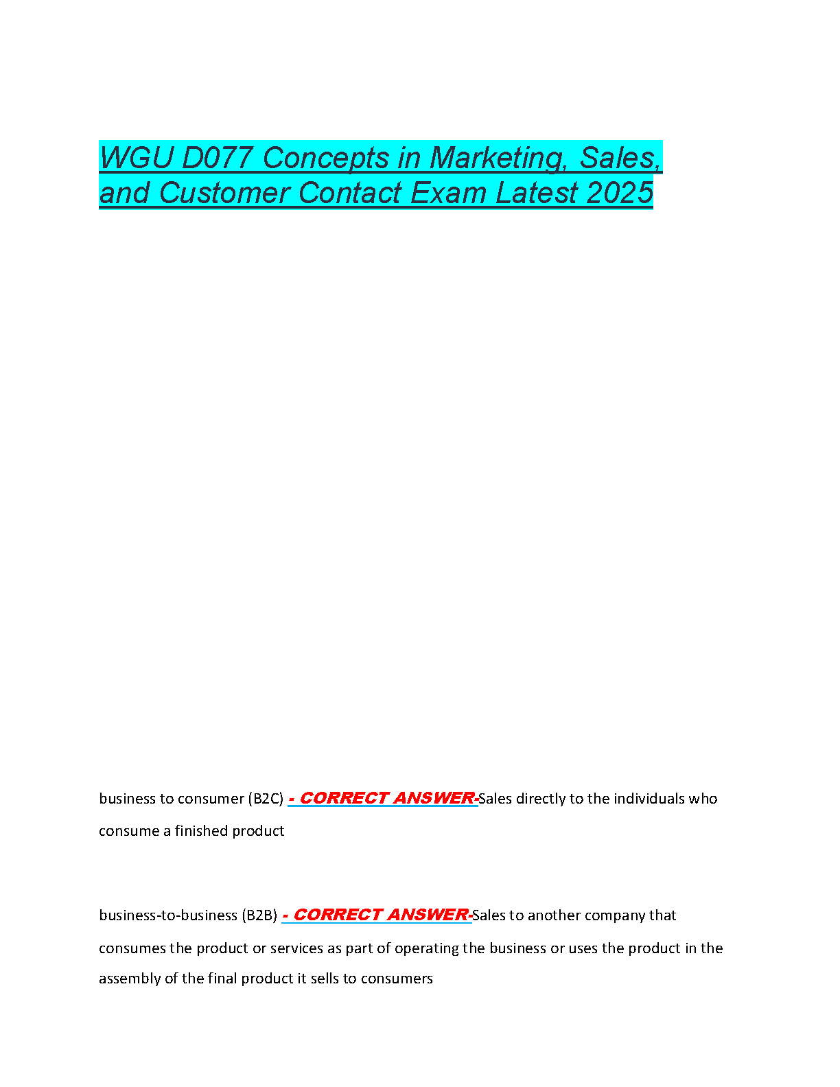 WGU D077 Exam Study Guide: Marketing & Sales 2024/2025 IMG-1