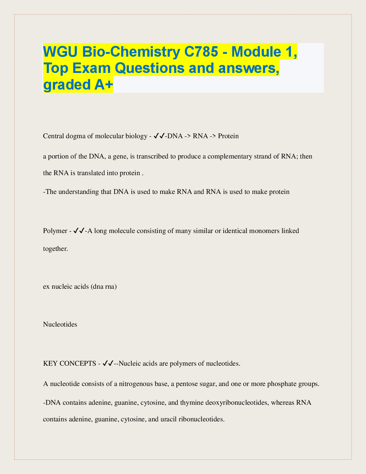 WGU Biochemistry C785 Module 1 Exam Q&A
