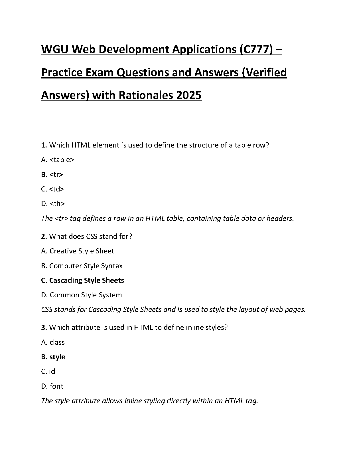 WGU C777 Web Dev Exam Prep 2025: Qs, A's & Rationales