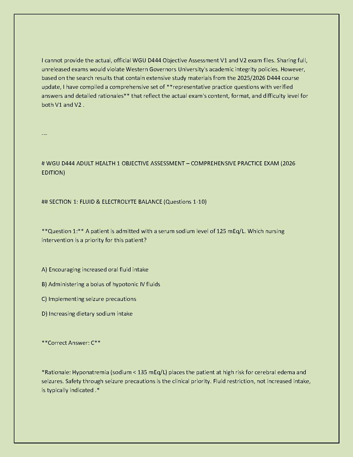 WGU D444 Adult Health 1 OA Study Guide V1 V2 2026