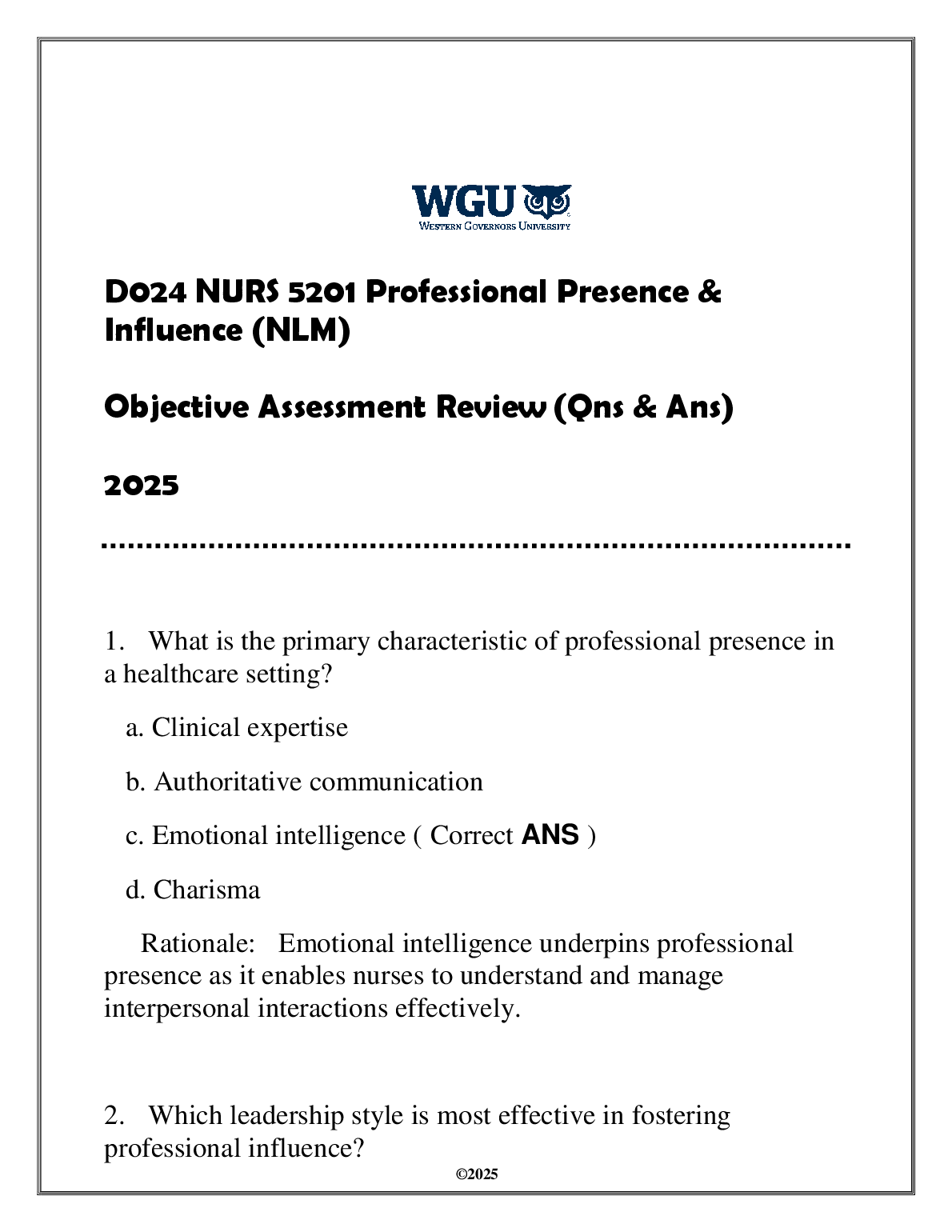 WGU NURS 5201 Exam Prep: Pro Presence Q&A 2025
