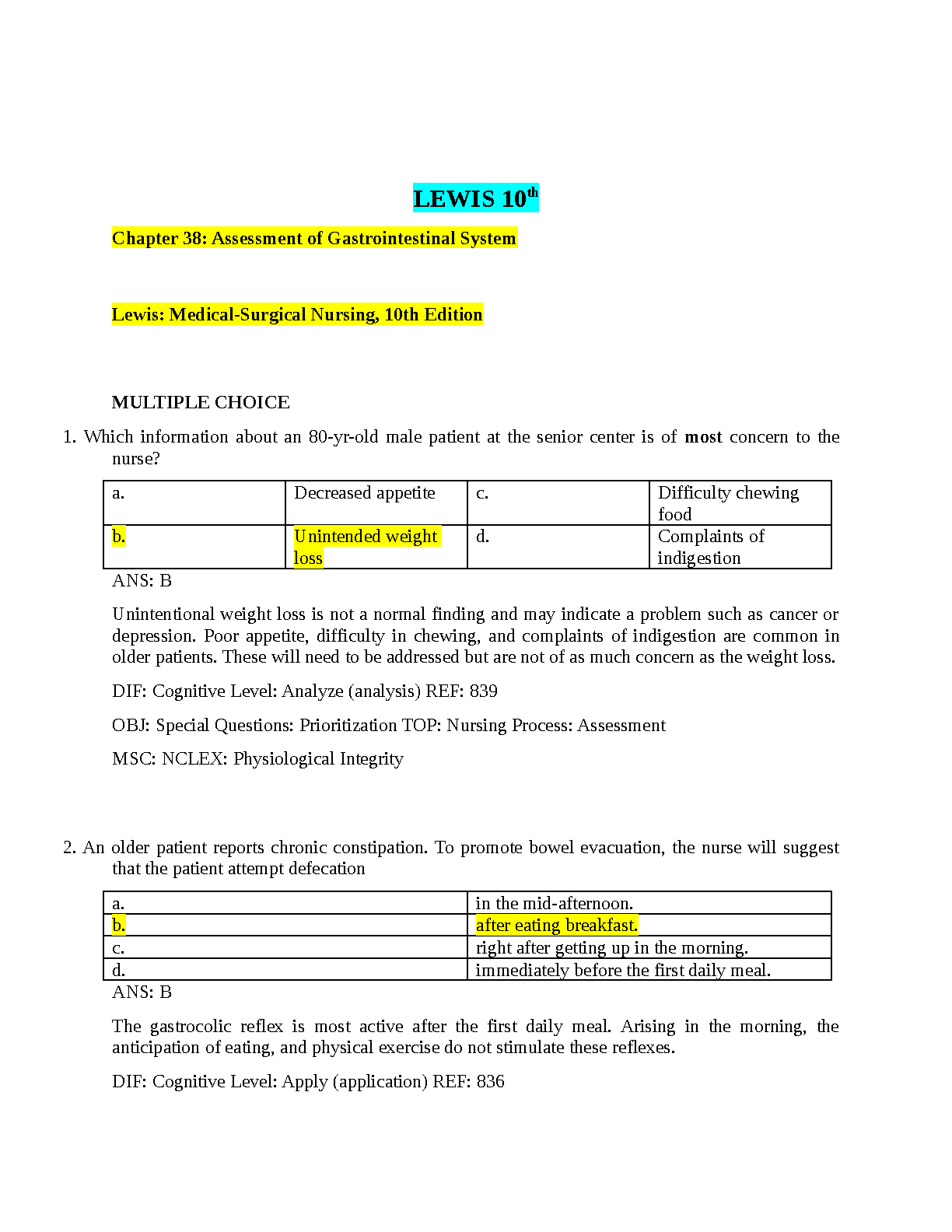 Lewis Med Surg Nursing 10e Test Bank | Study Guide