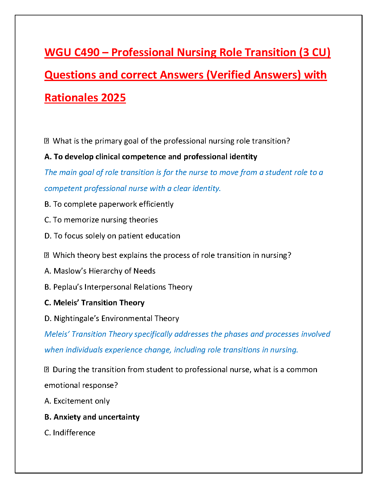 WGU C490 Nursing Role Transition Q&A 2025 IMG-1