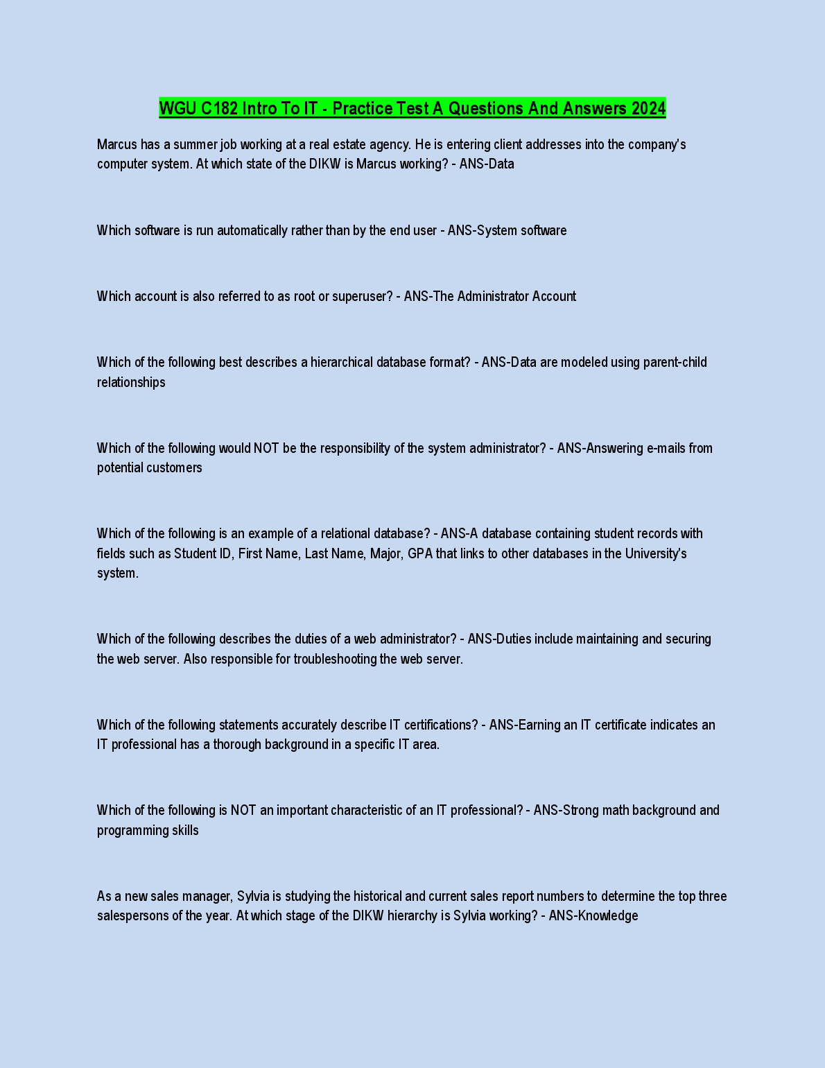 WGU C182 Intro To IT Practice Test A Q&A 2024 Guide