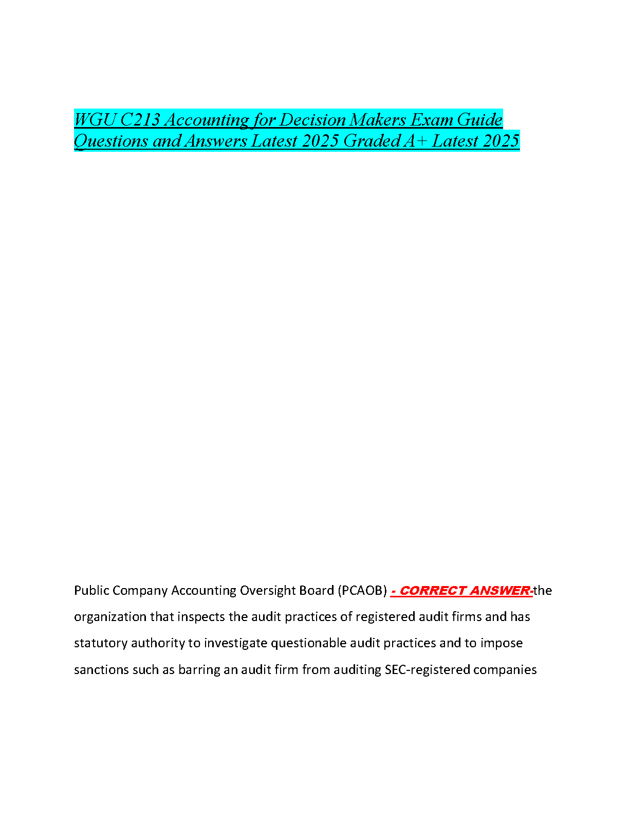 WGU C213 Accounting for Decision Makers Exam Guide 2025