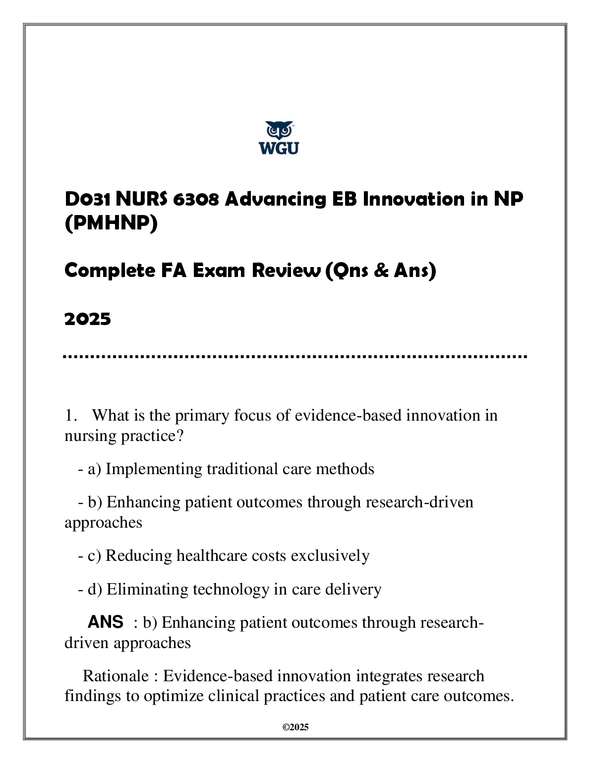 WGU NURS 6308 Final Exam Study Guide 2025 PMHNP Review Q&A