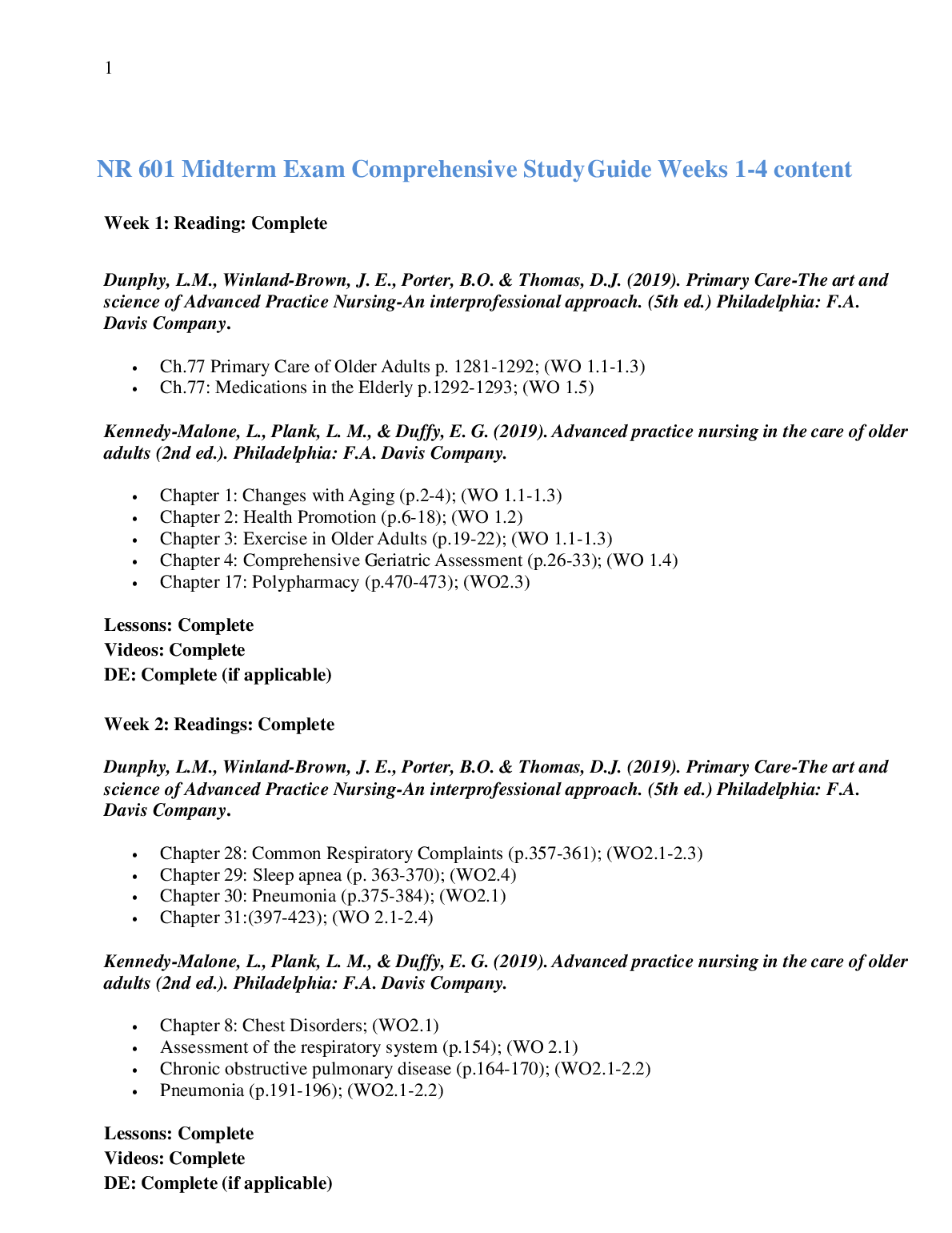 NR 601 Midterm Study Guide: Geriatric & Respiratory Care