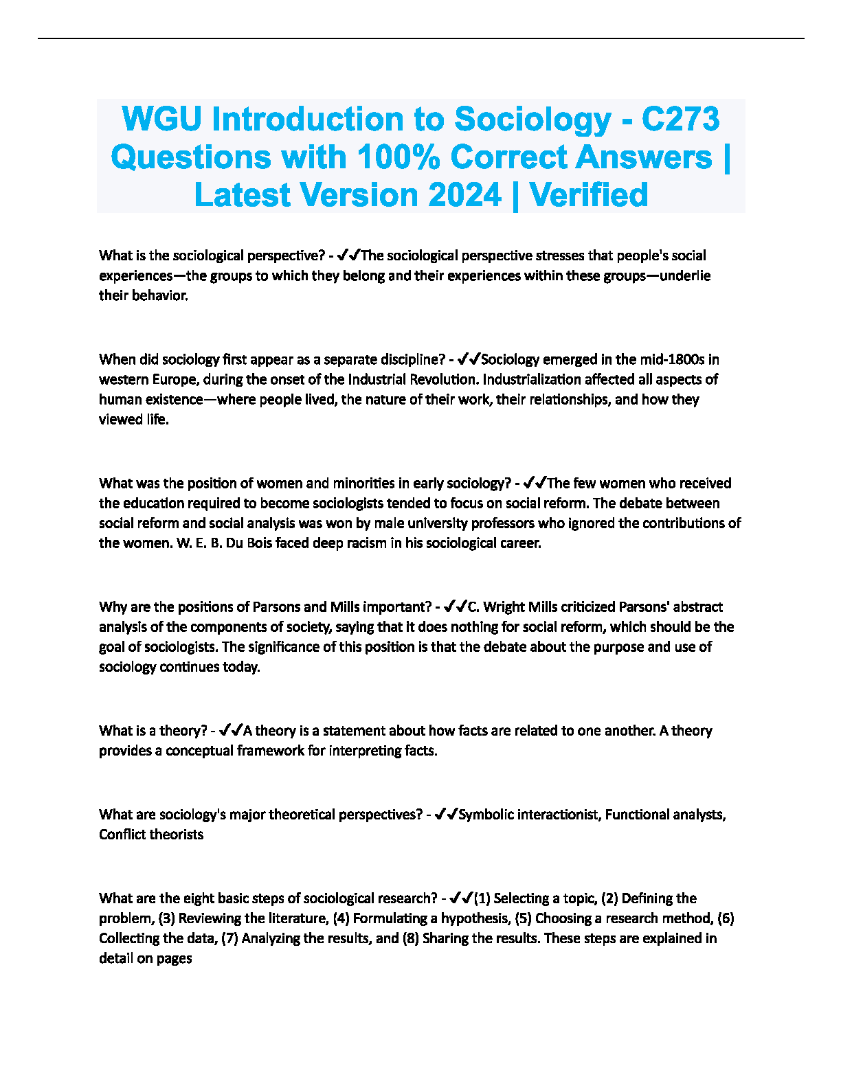WGU C273 Intro to Sociology Test Bank 2024 Answers IMG-1