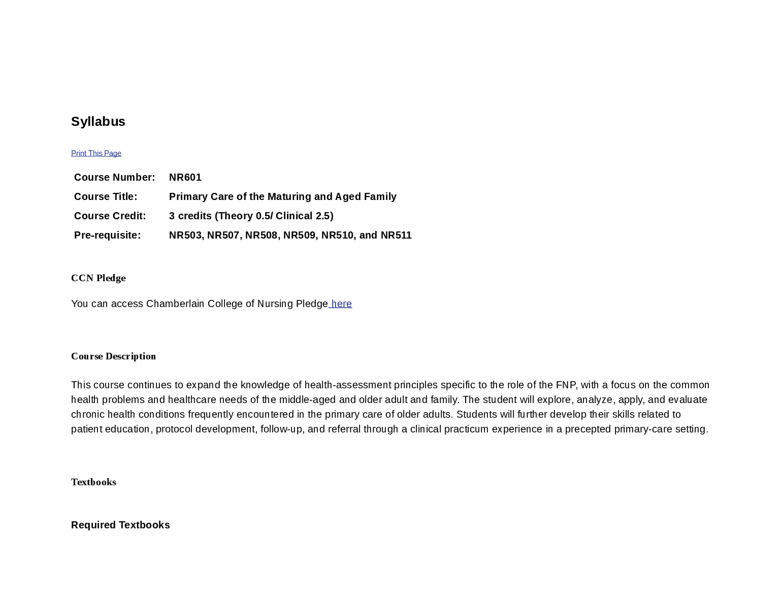 NR601 Primary Care of the Maturing and Aged Family Syllabus