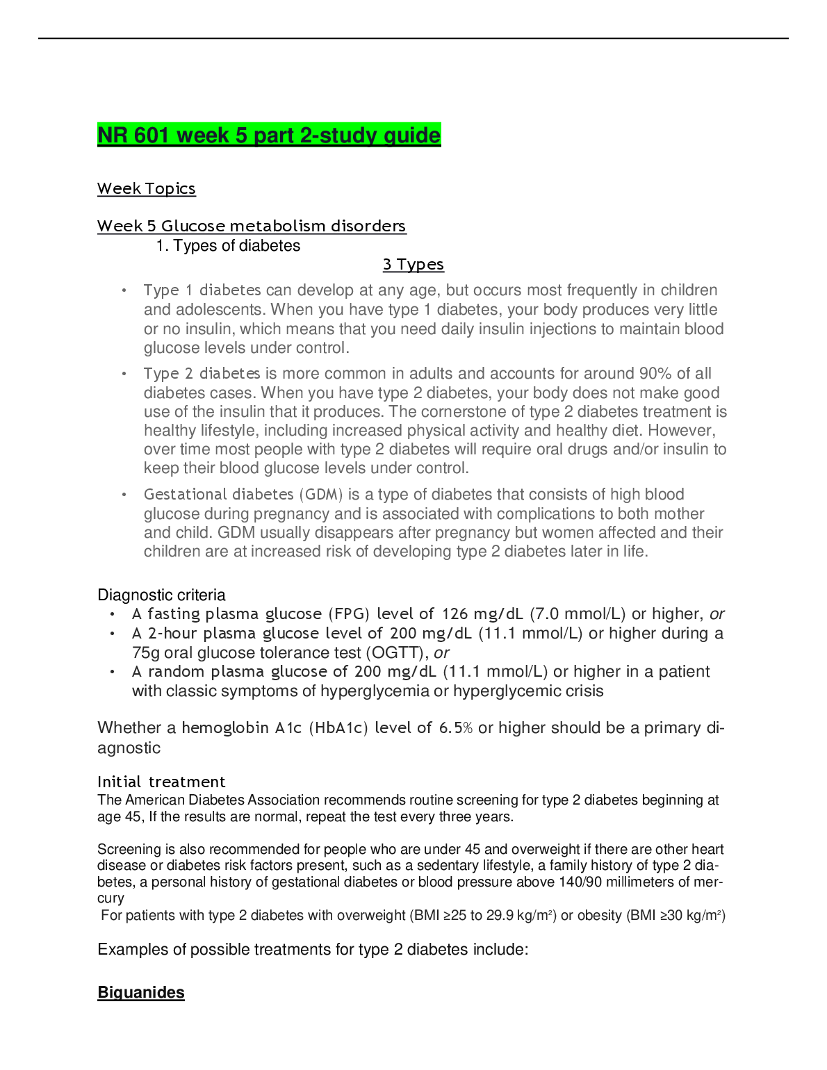 NR601 Week 5 Study Guide: Glucose Metabolism & Diabetes