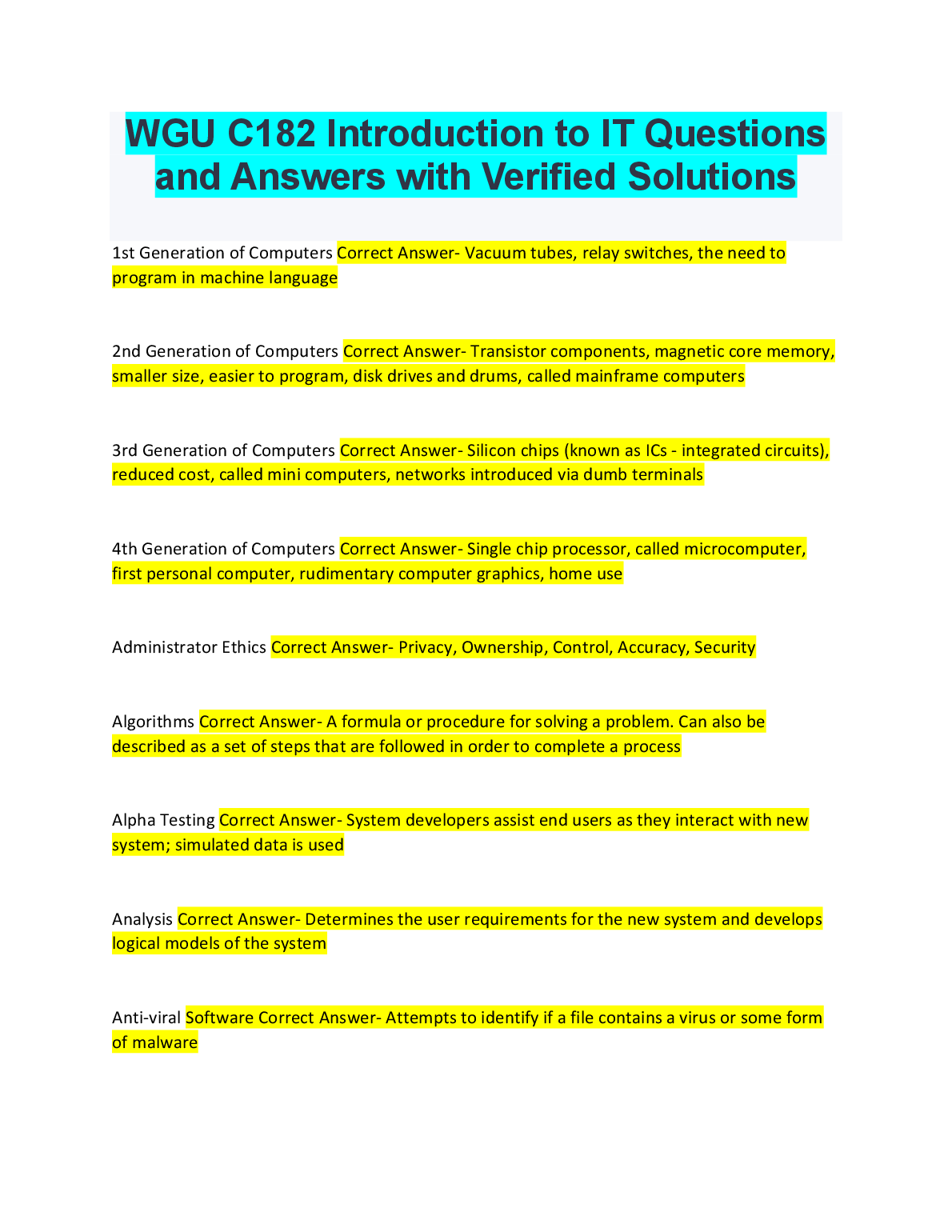 WGU C182 Intro to IT Q&A with Solutions 2023