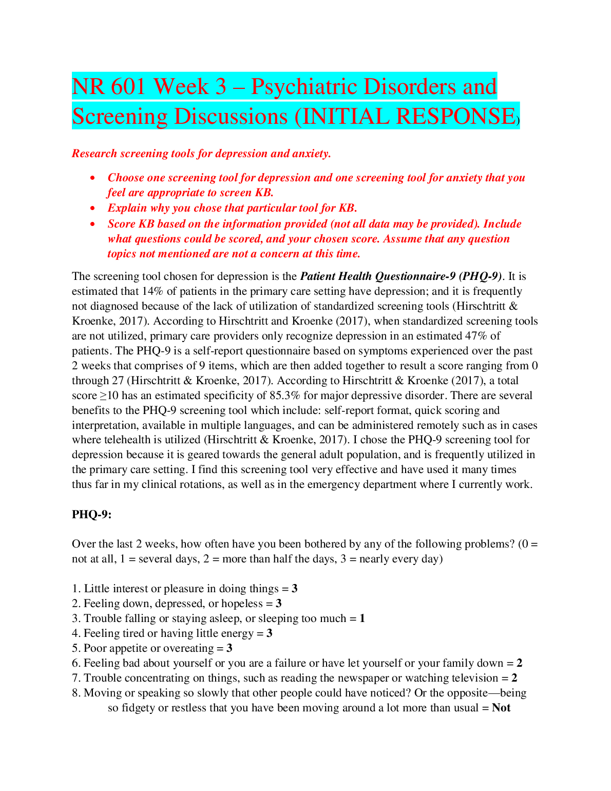 NR 601 Week 3 Psychiatric Screening Discussion PHQ-9 Guide