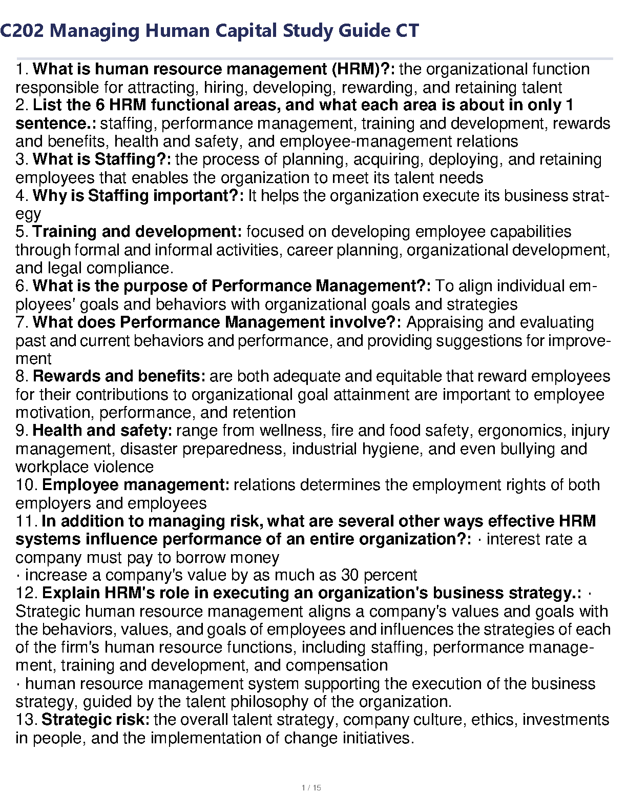 WGU C214 Managing Human Capital Study Guide 2024/2025