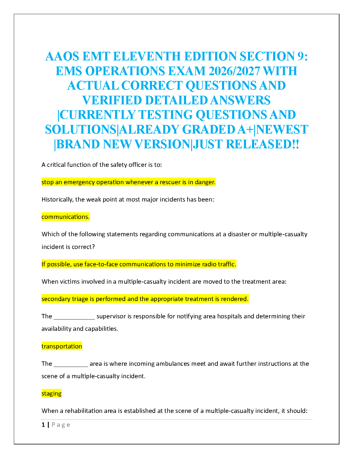 EMS Ops Exam Prep AAOS Sec 9 Study Guide 2026/27