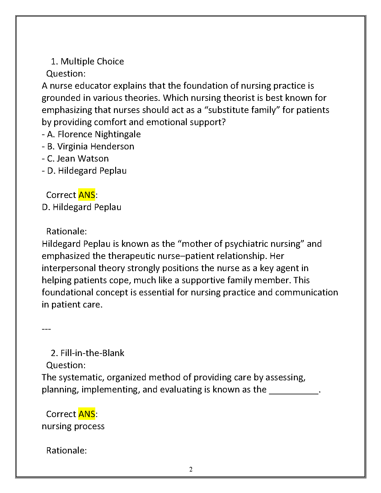 NURS 1011 Foundations of Nursing Final Exam Test Bank 2025