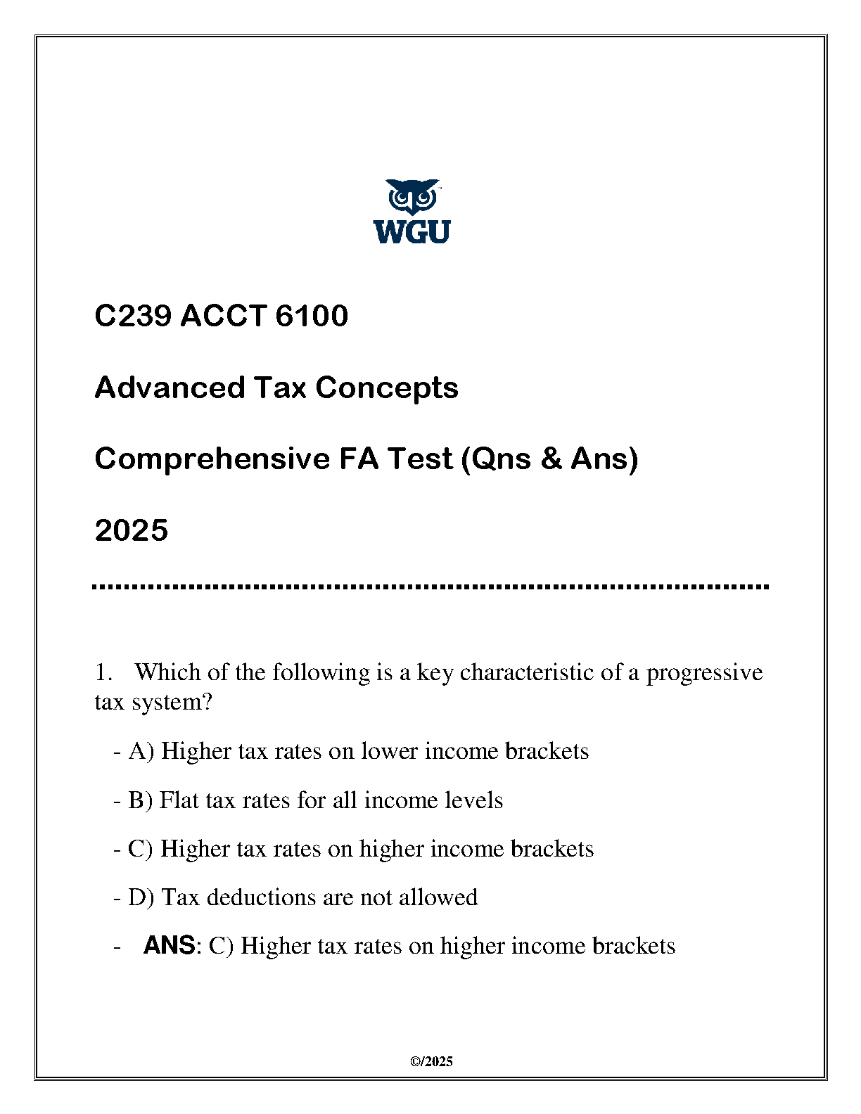 WGU C239 ACCT 6100 Advanced Tax Concepts Practice Exam 2025