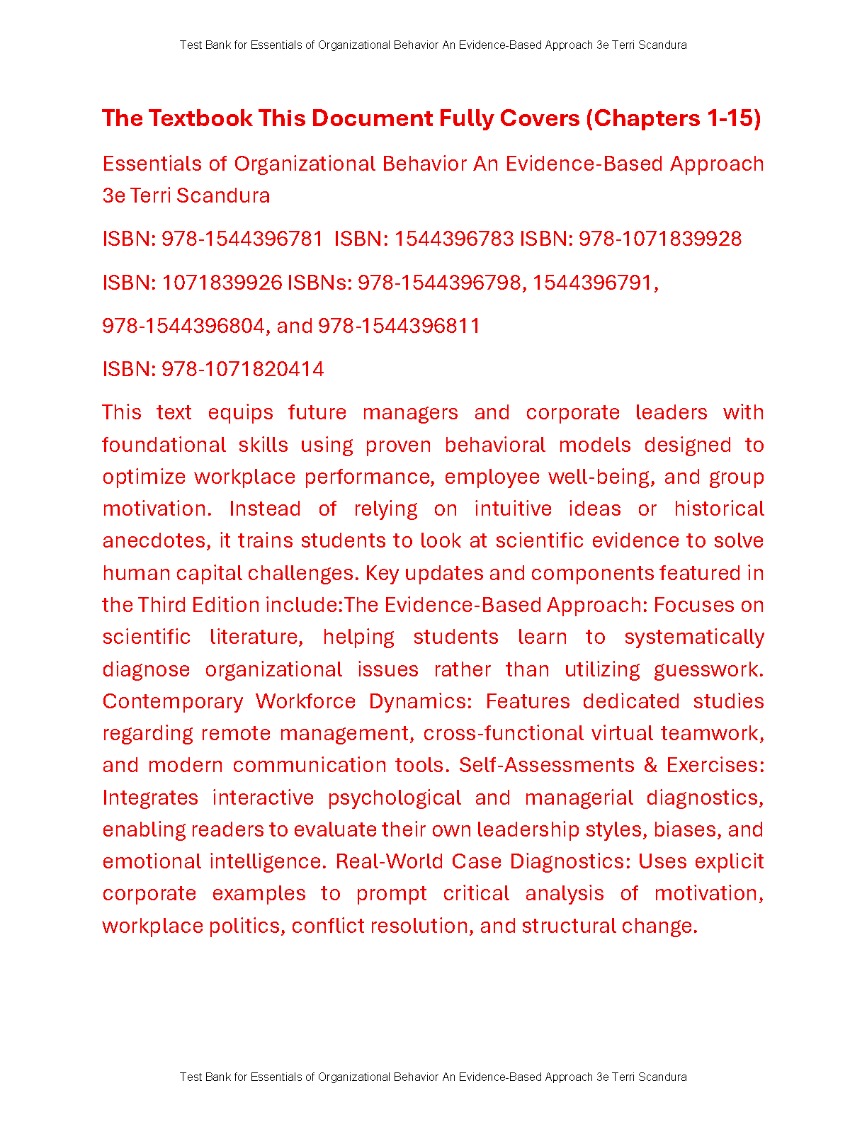 Organizational Behavior Test Bank 3rd Ed Scandura 1497 Questions
