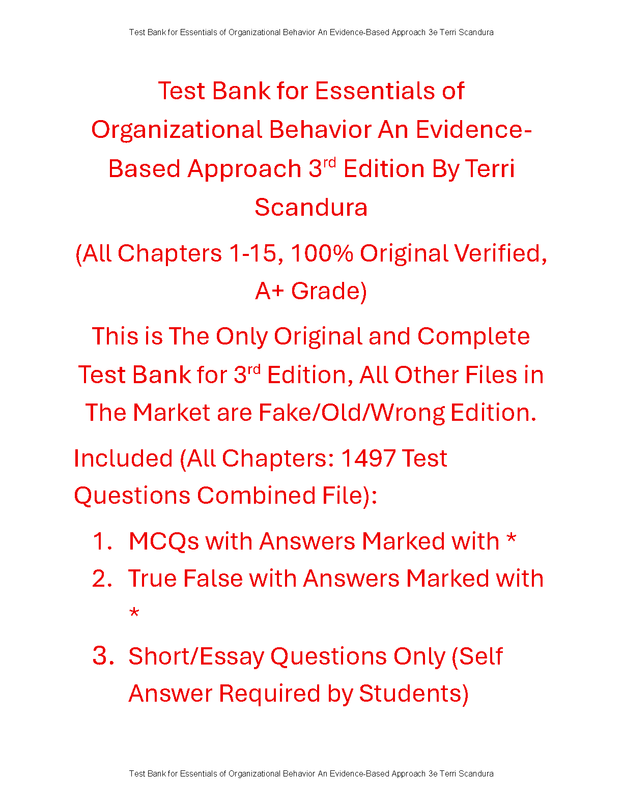 Organizational Behavior Test Bank 3rd Ed Scandura 1497 Questions