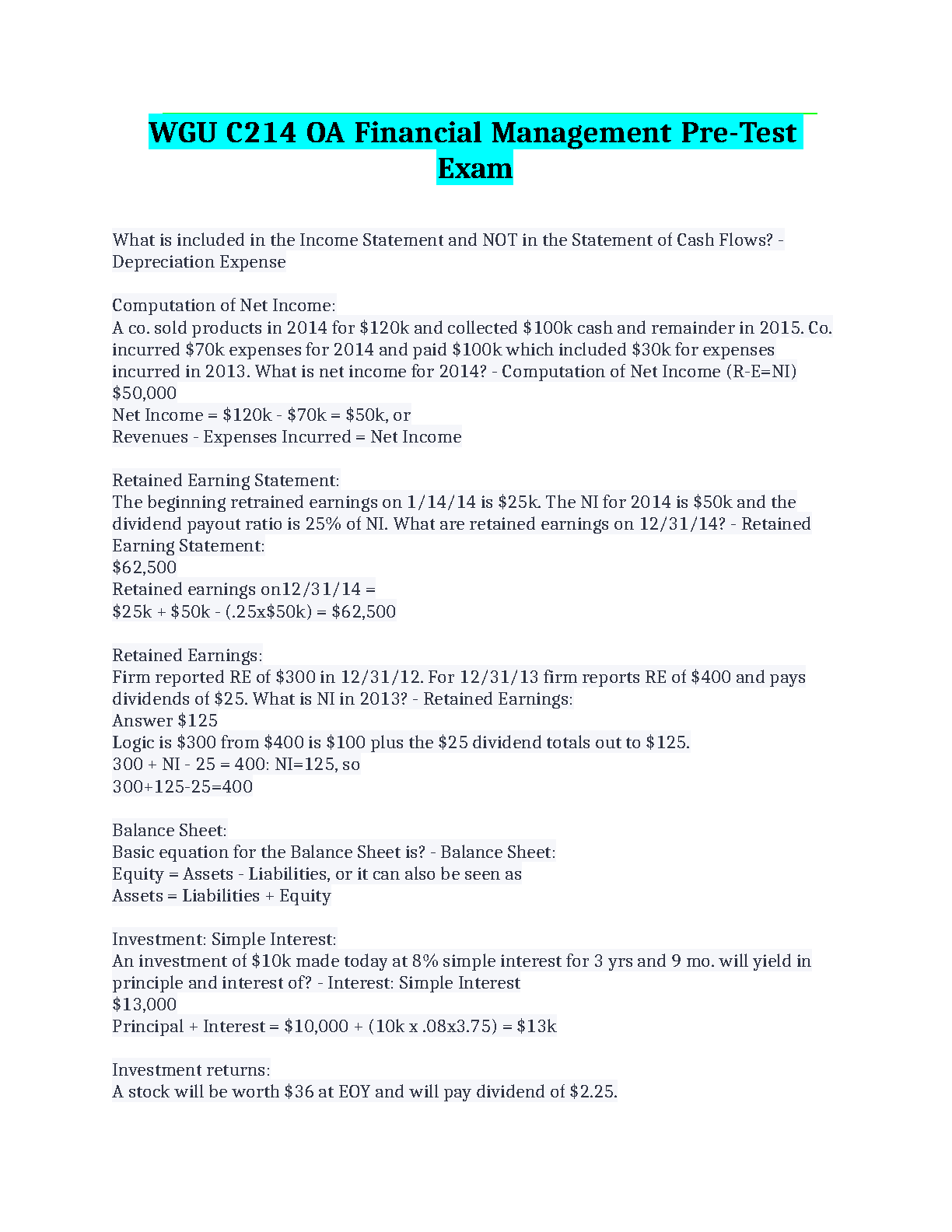 WGU C214 Financial Management Test Bank 2025/2026 OA Guide