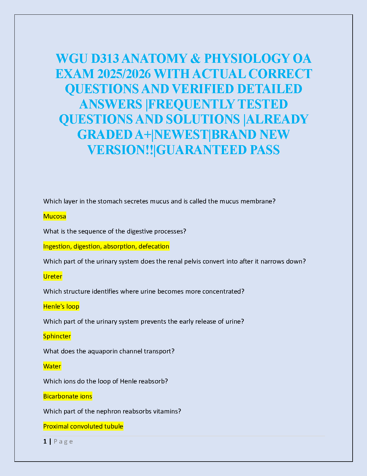 WGU D313 A&P OA Exam Prep 2025/2026 Study Guide