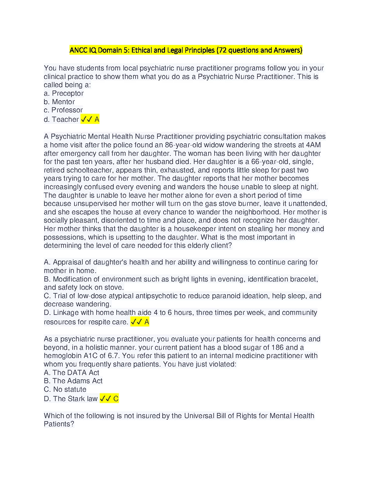 ANCC IQ Domain 5 Ethics Test Bank 2026/27 PMHNP Exam Prep