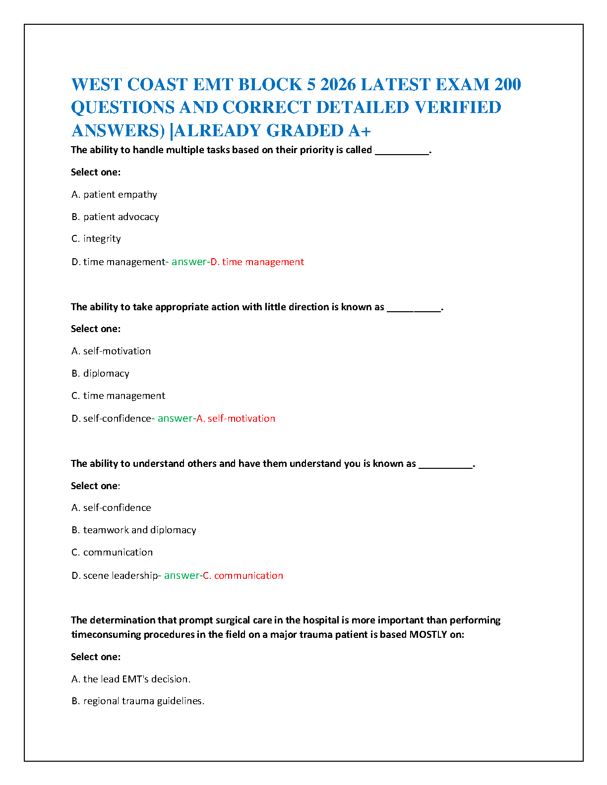 West Coast EMT Block 5 Exam 2026 Practice Test 200 Qs
