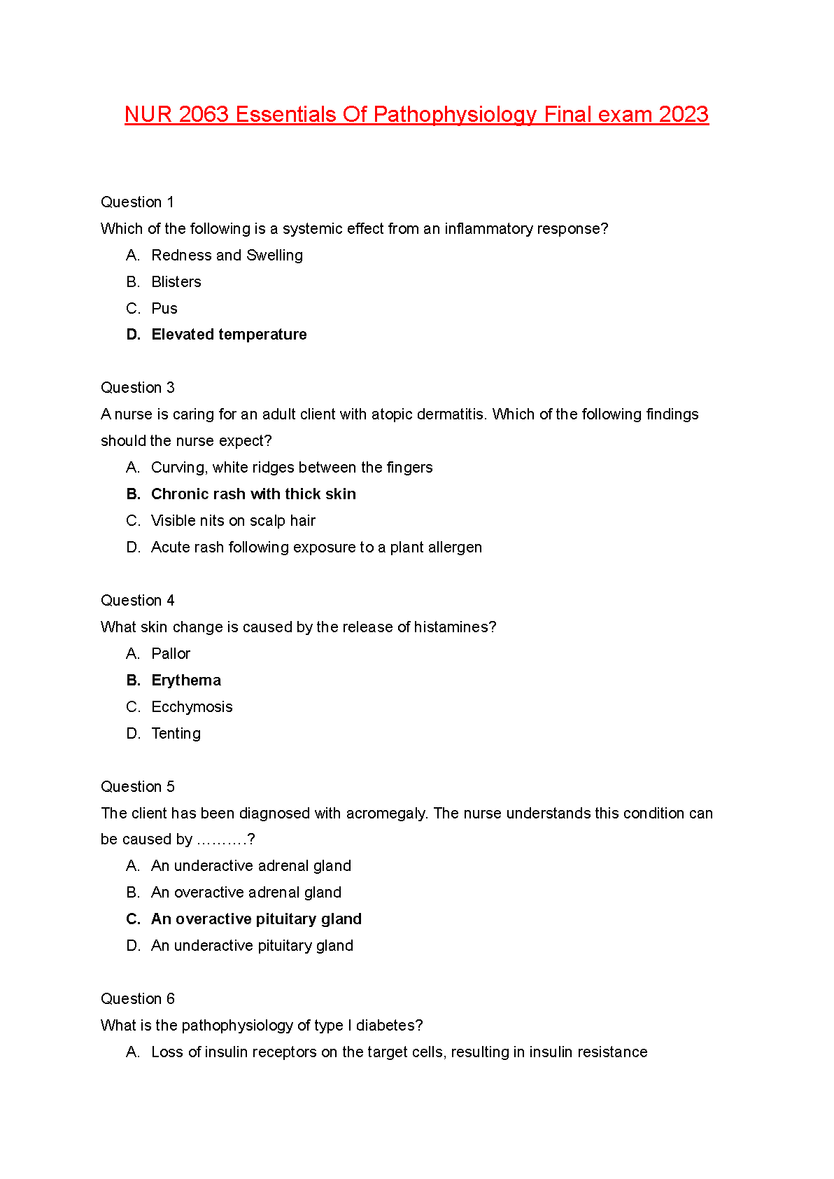 NUR 2063 Pathophysiology Test Bank Porth 5th Ed