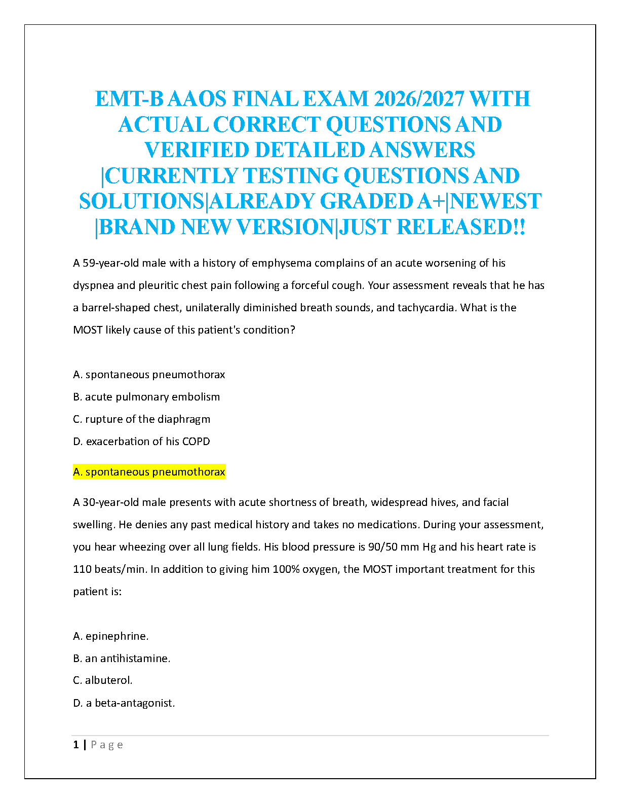 EMT-B AAOS 12th Ed Exam Prep 2026/27 Questions & Answers IMG-1