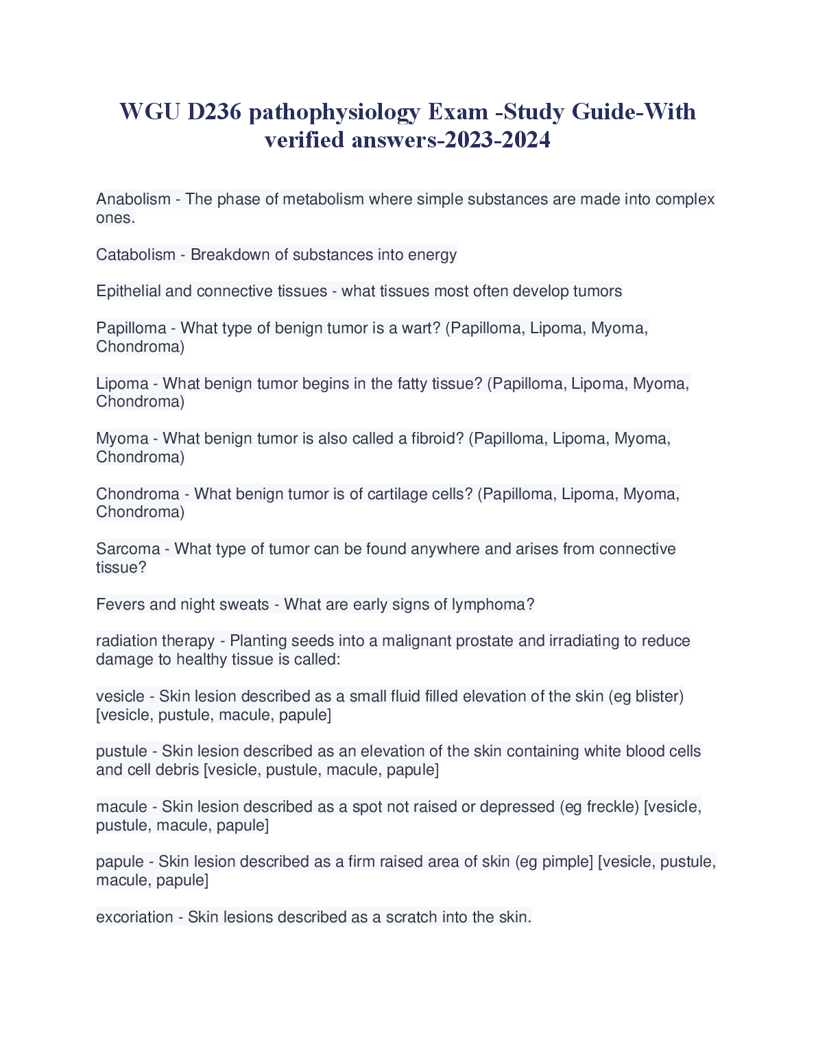 WGU D236 Pathophysiology Exam Study Guide 2023/2024 Answers