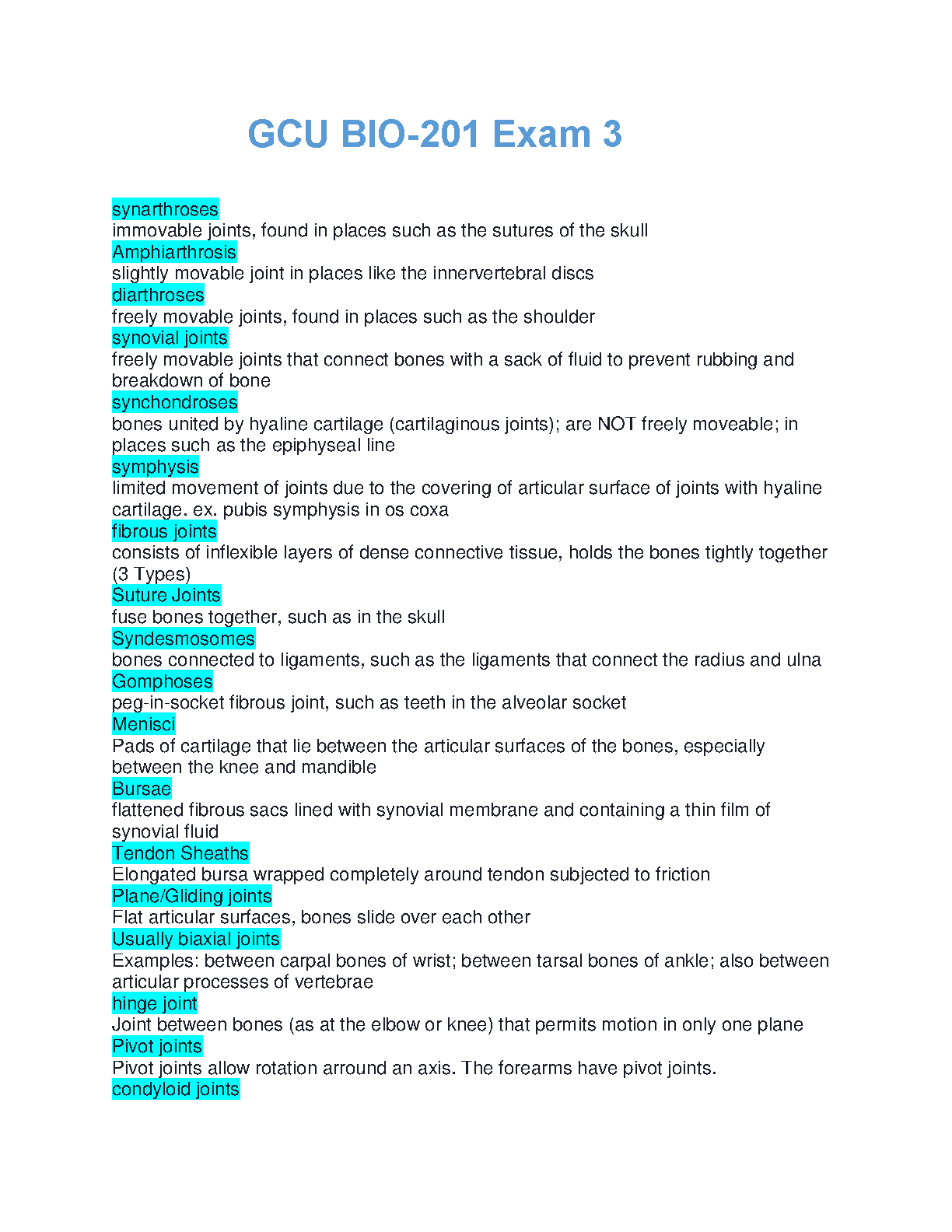 GCU BIO-201 Joint Anatomy Study Guide 2026/27 IMG-1