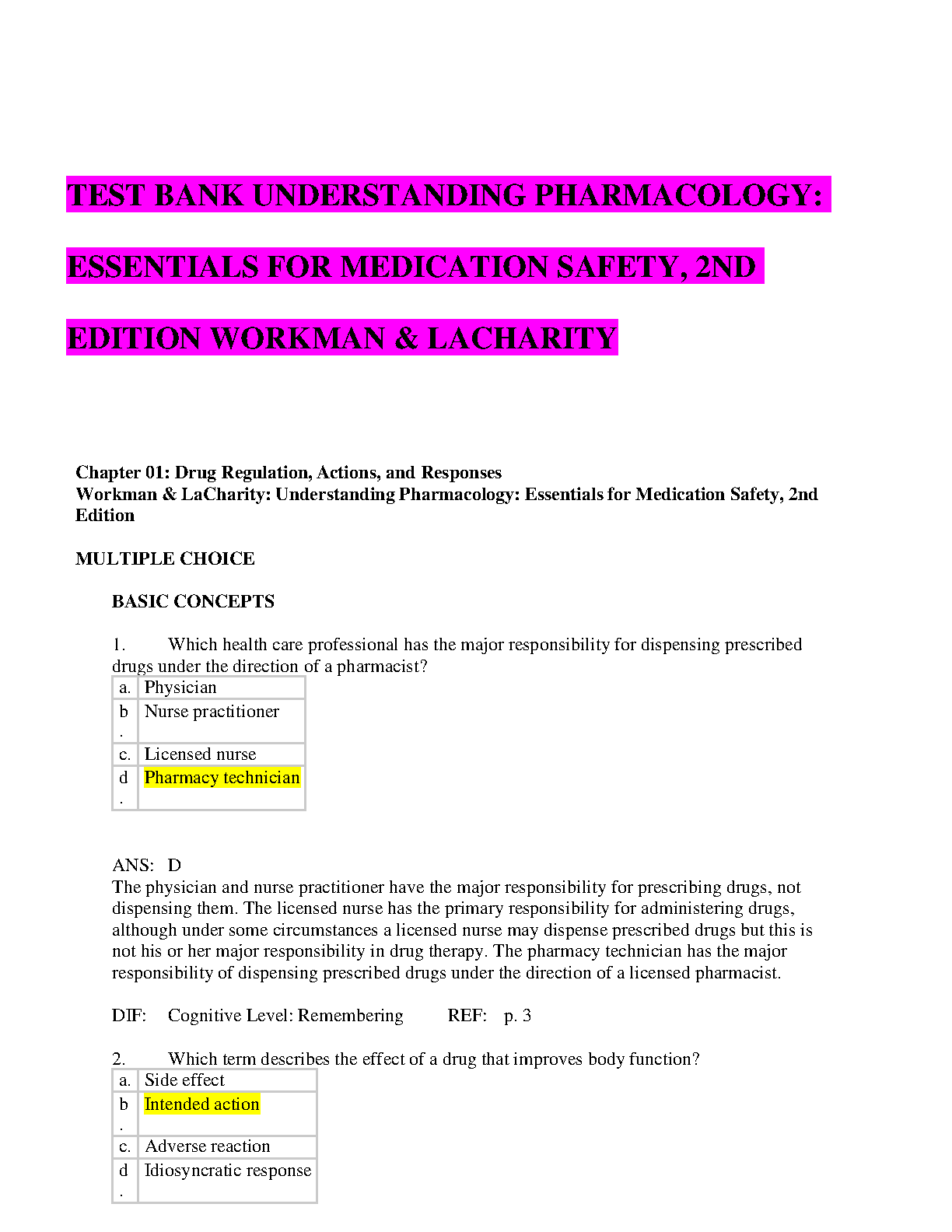 Pharmacology Test Bank Workman and LaCharity Solutions