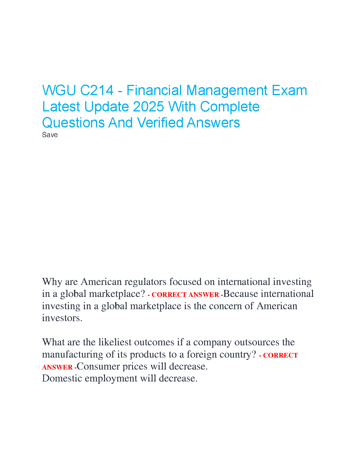 WGU C214 Financial Management Exam Study Guide 2025
