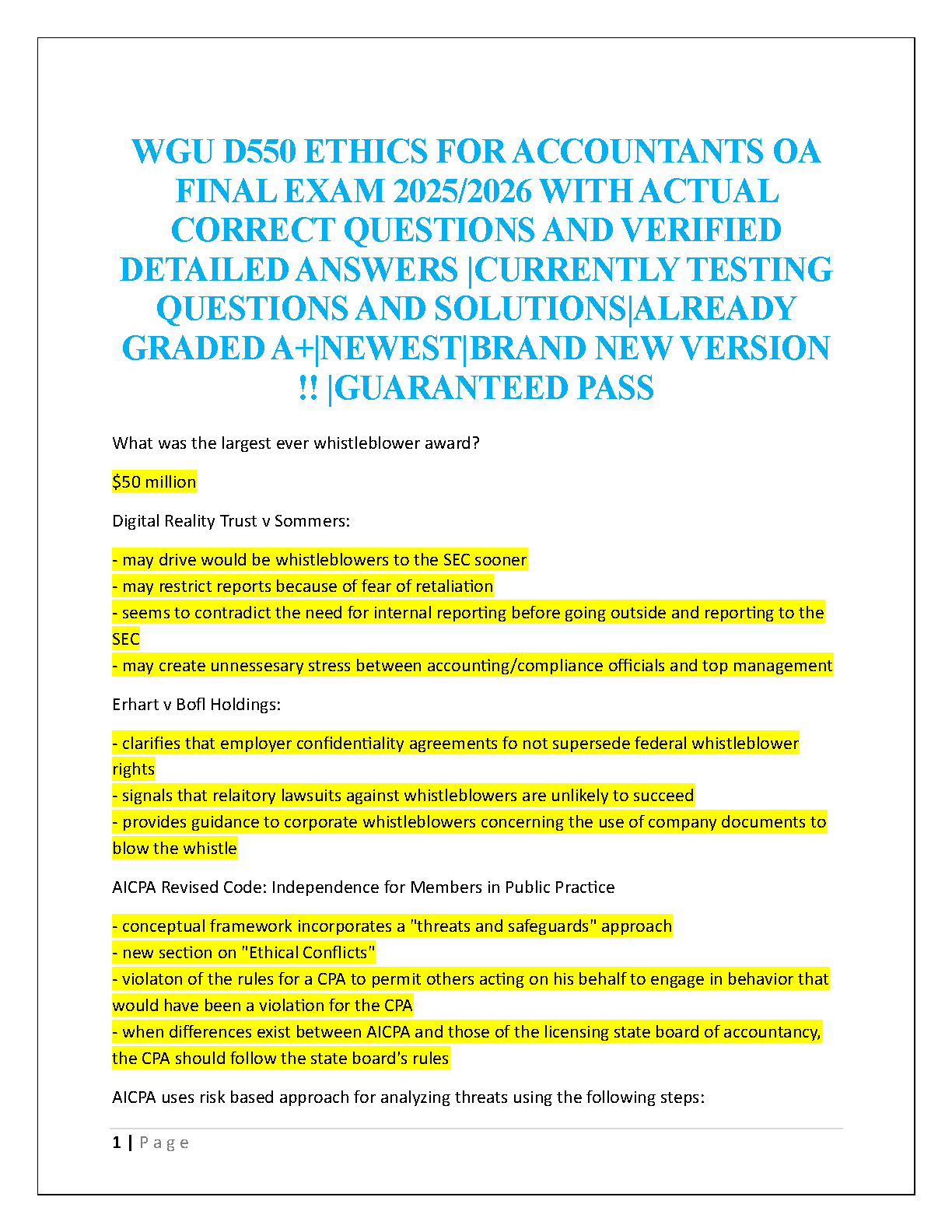 WGU D550 Ethics for Accountants Exam Prep 2026/27