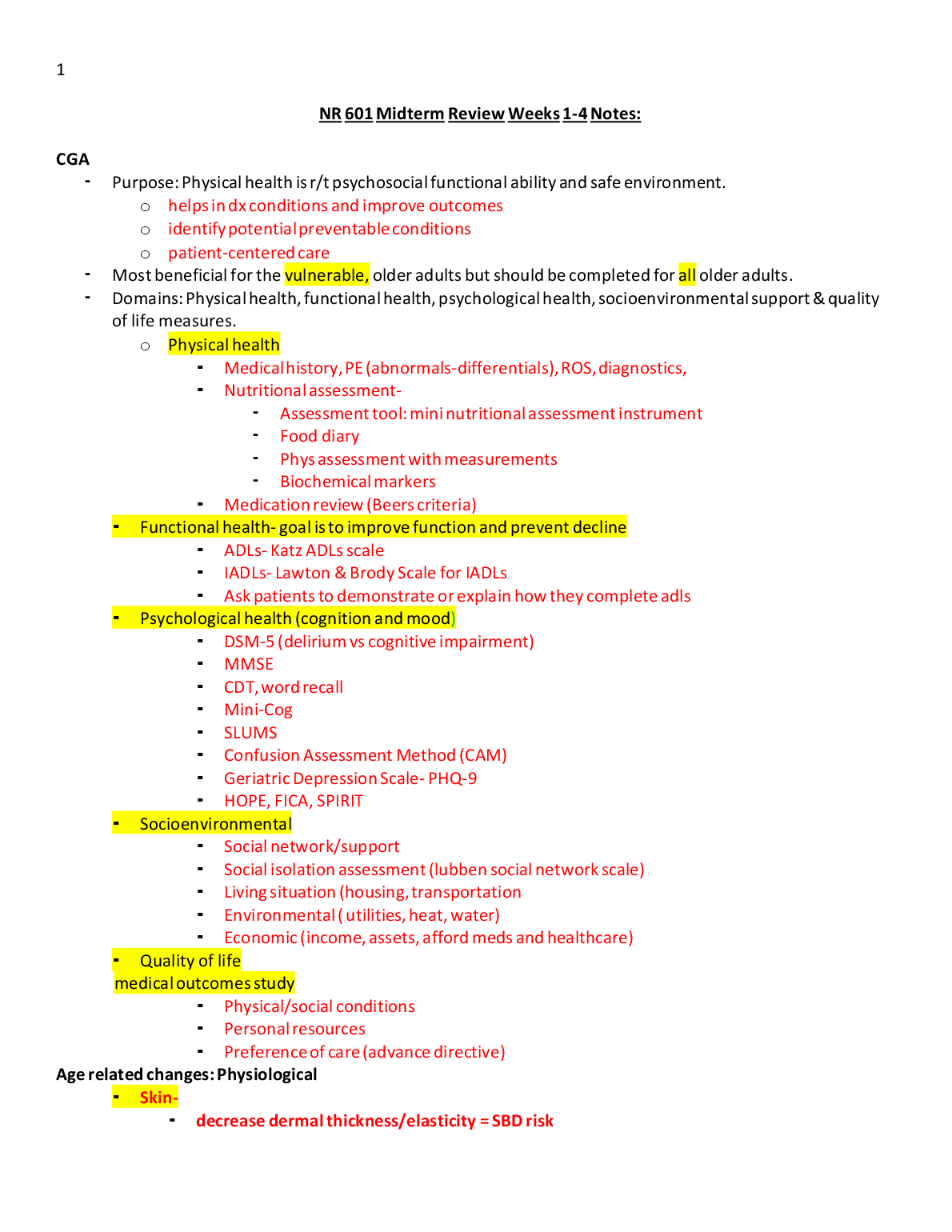 NR 601 Midterm Review Notes | Geriatric Care & Assessment Guide