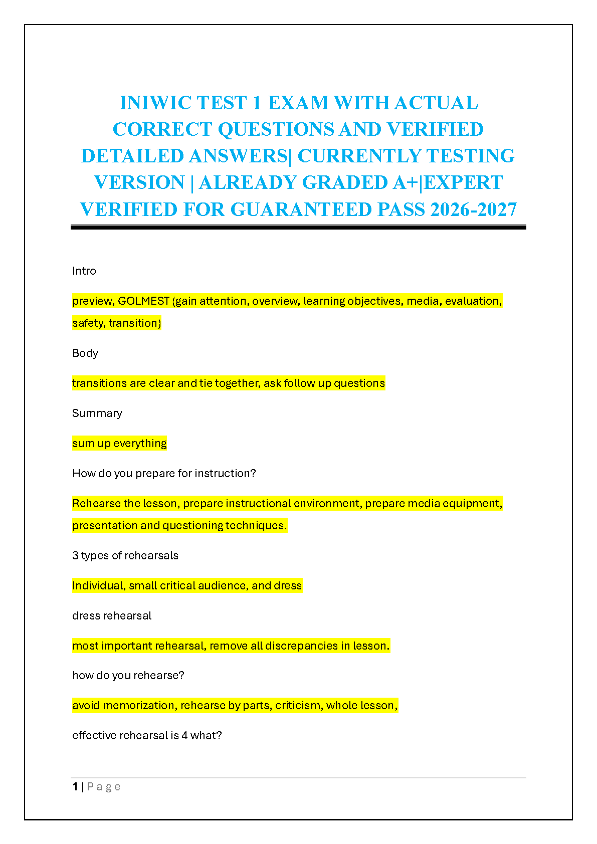 INIWIC Test 1 2026/2027 Verified Questions & Answers