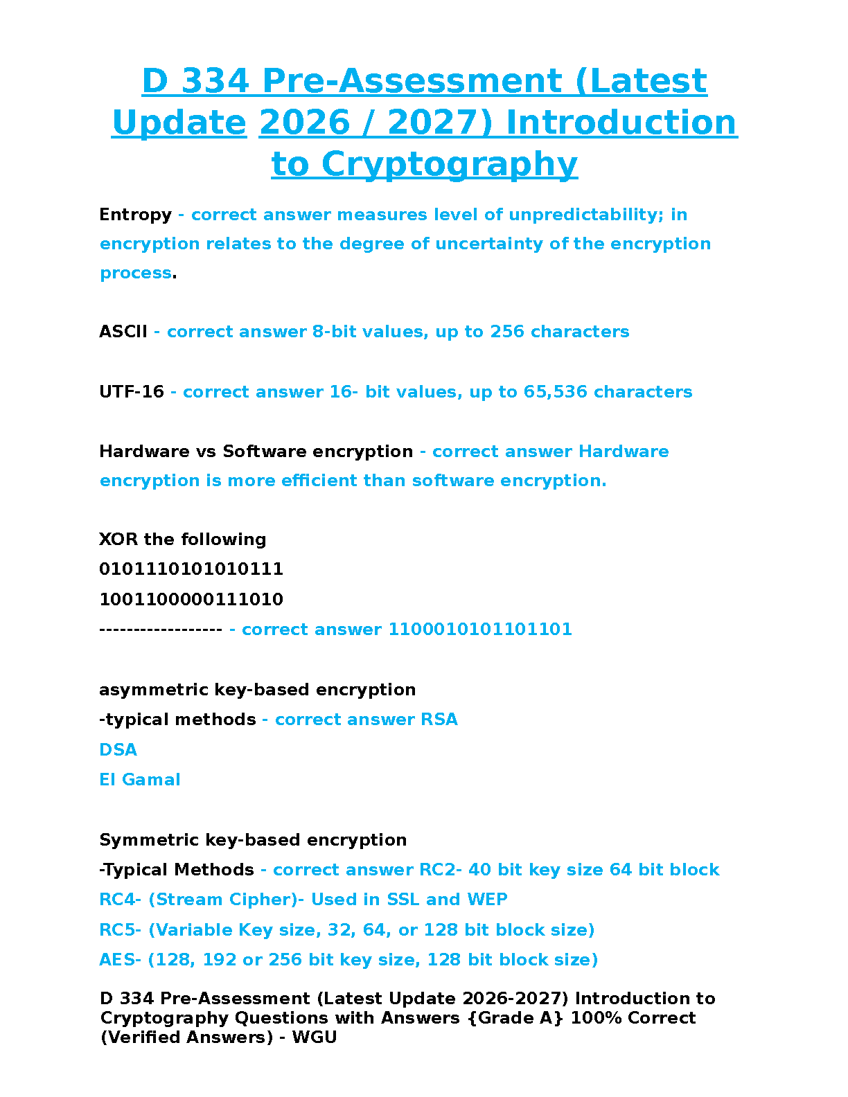WGU D334 Cryptography Test Bank with Verified Answers