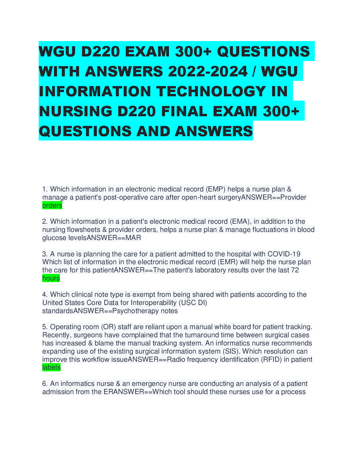 WGU D220 Info Tech in Nursing Exam Prep Q&A