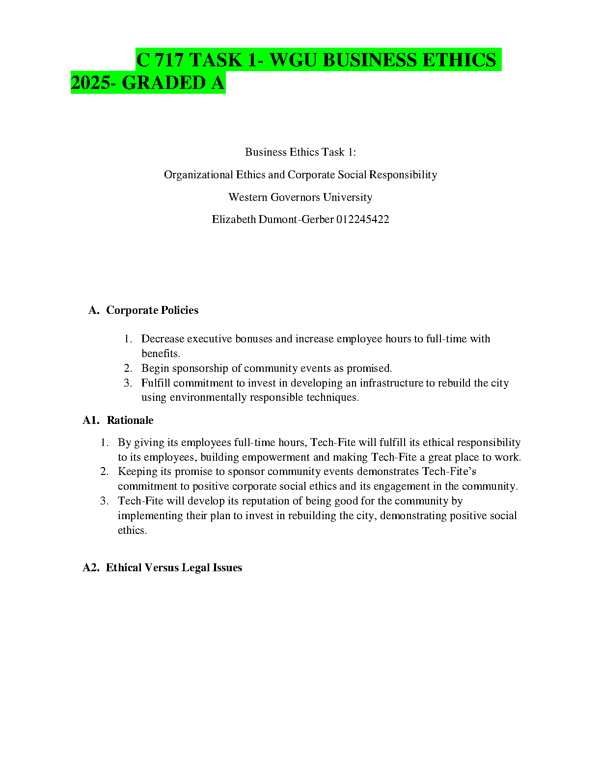 WGU C717 Business Ethics Task 1 Graded A Solution Guide