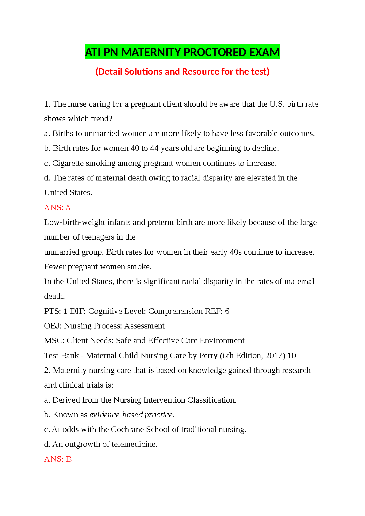 Maternal Child Nursing Test Bank 6e 2026/27 Practice Questions & Answers