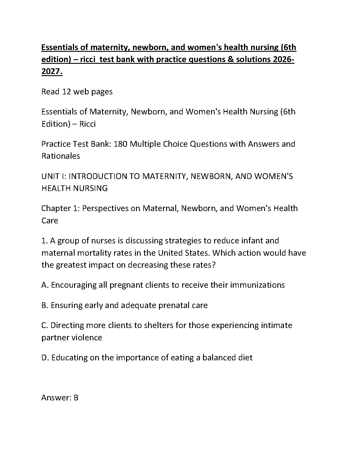 Maternity Nursing Ricci 6e Test Bank Answers 2026/27 IMG-1