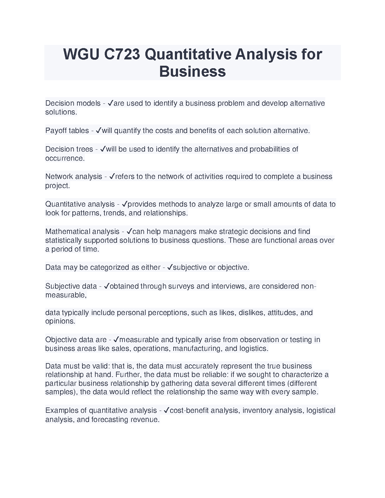 WGU C723 Quantitative Analysis Study Guide 2024-2025