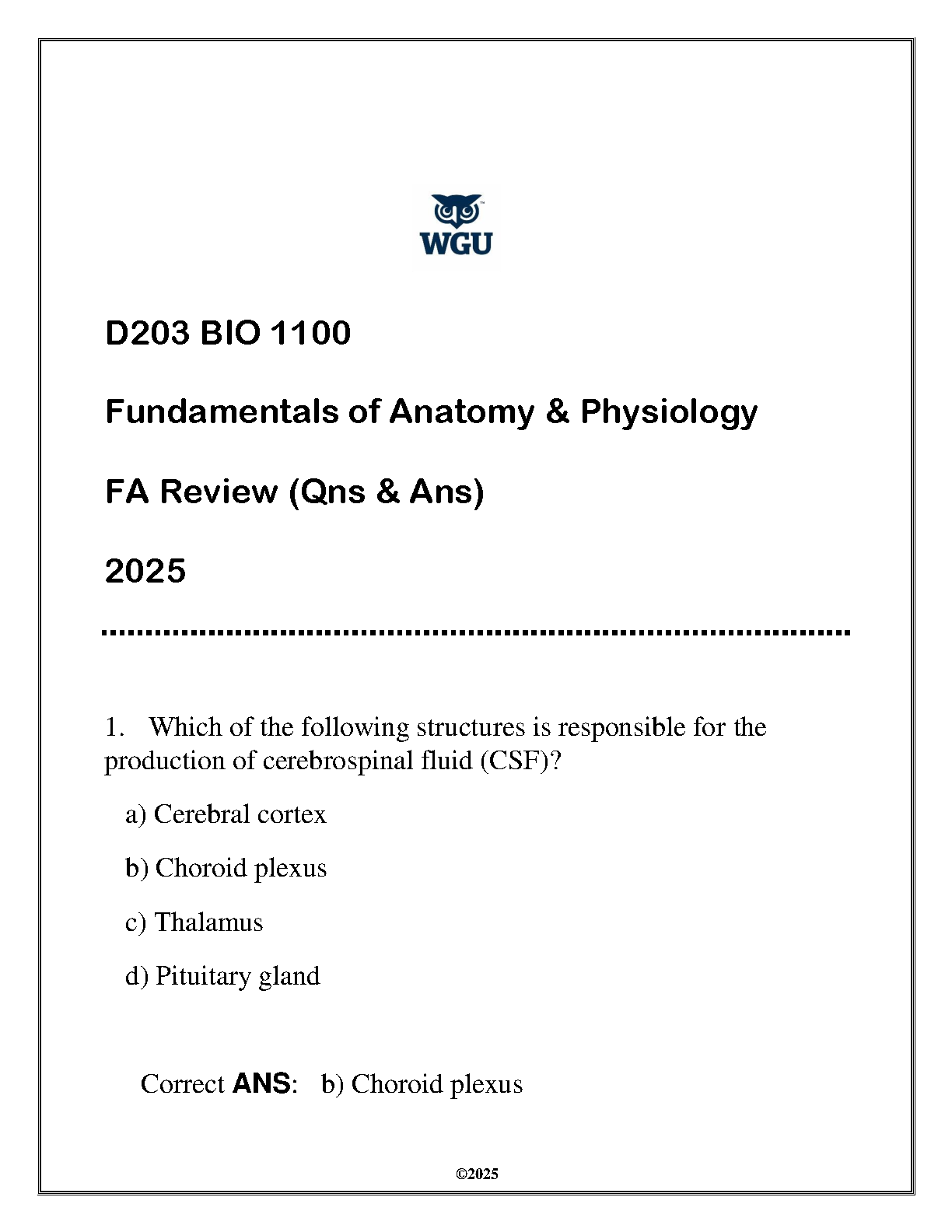 WGU BIO 1100 Anatomy Physiology 2025 FA Q&A Review