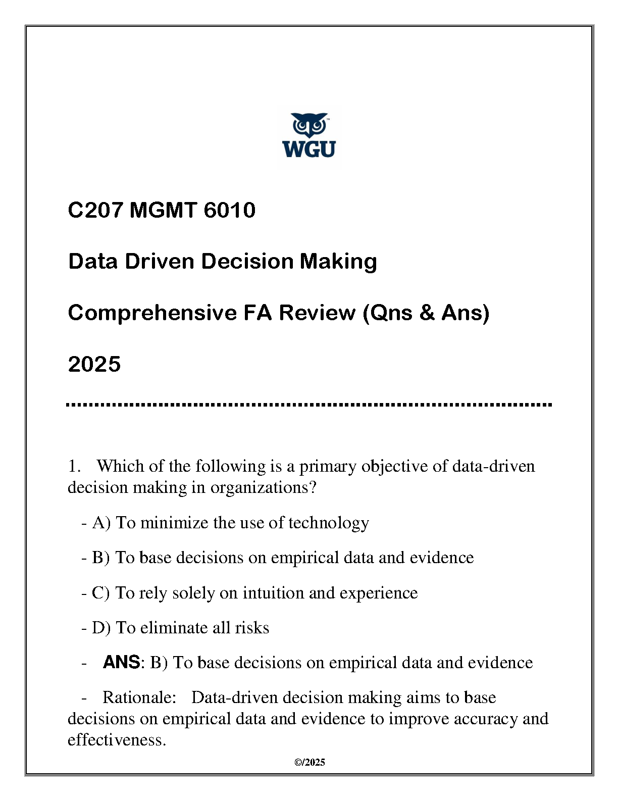 MGMT 6010 Data Driven Decision Making Exam Review