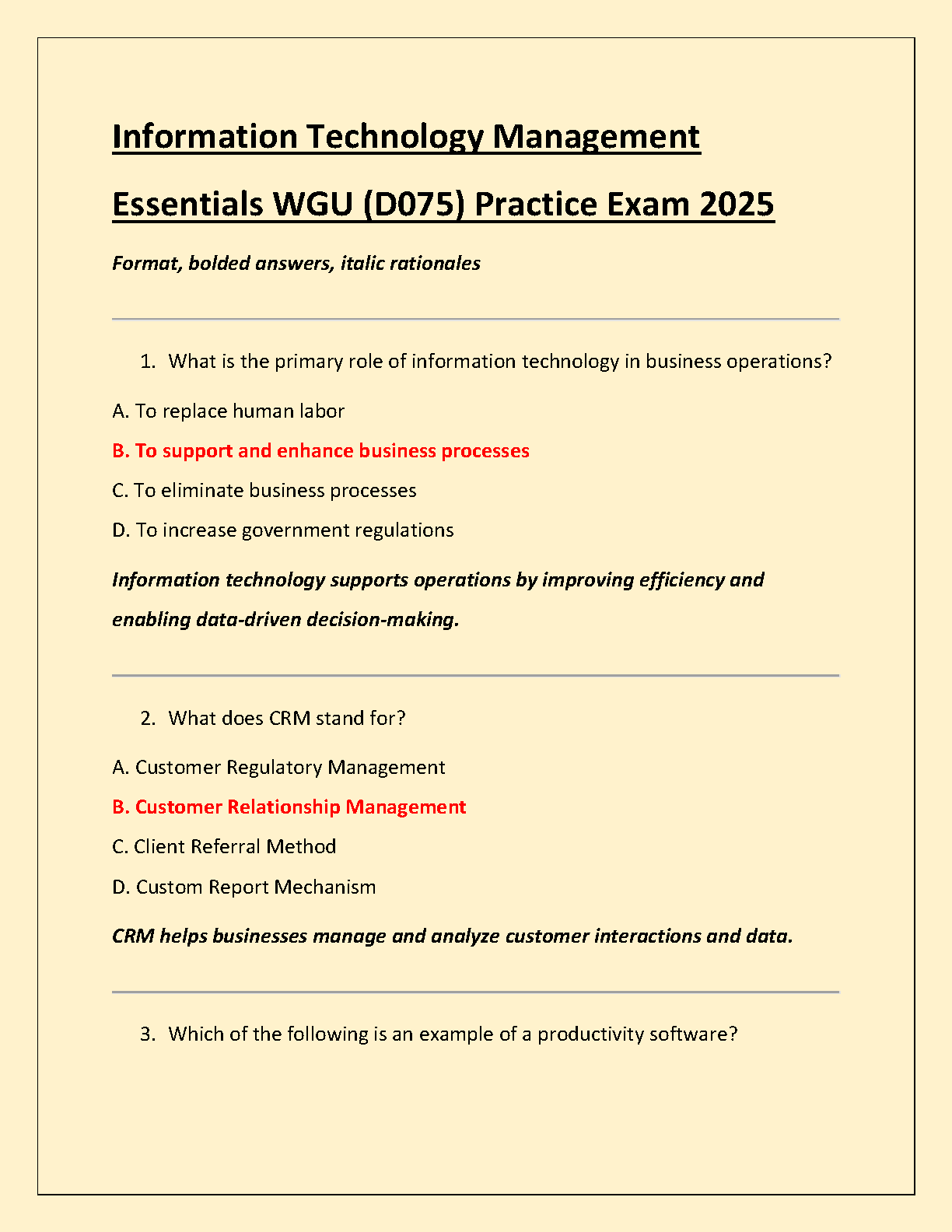 WGU D075 IT Mgmt Essentials Practice Exam 2025 Answers IMG-1