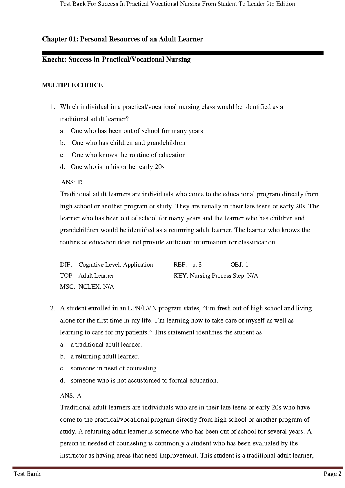 PVN Test Bank 2026/27 Success from Student to Leader