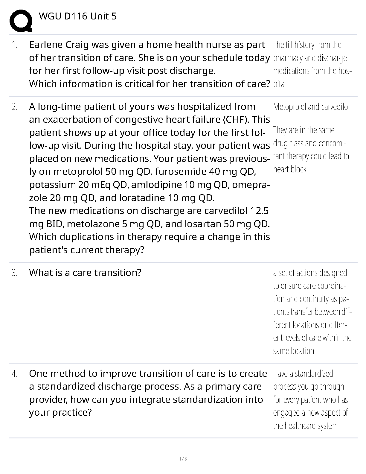 WGU D116 Unit 5 Care Transitions Study Guide