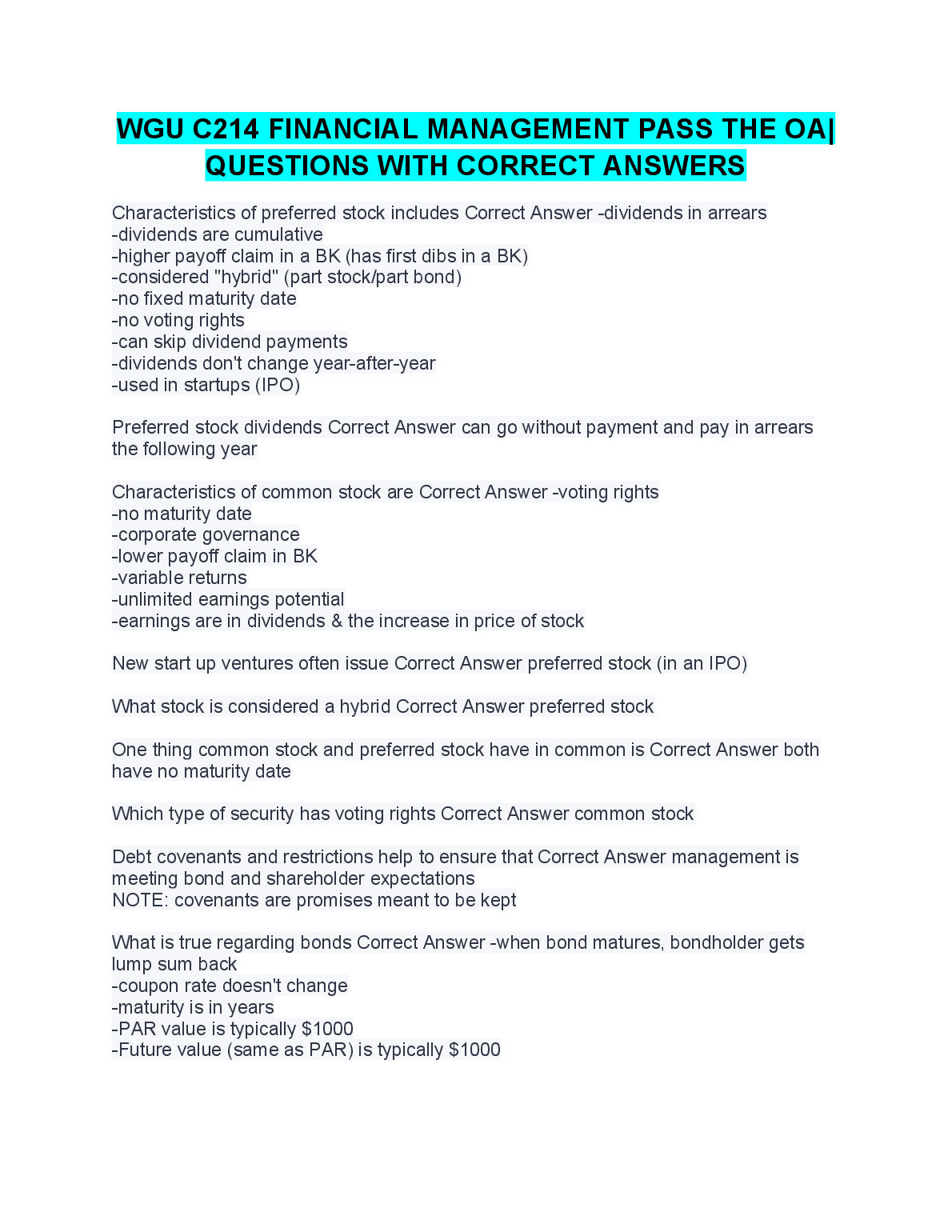 WGU C214 Financial Management OA Answers